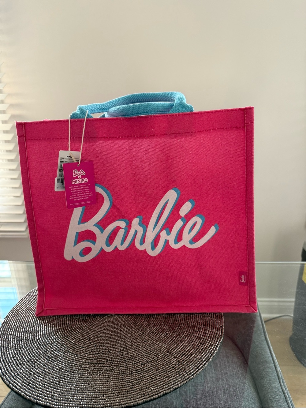 NWT Barbie x MINISO 65th Anniversary Pink Tote Bag Blue Handles